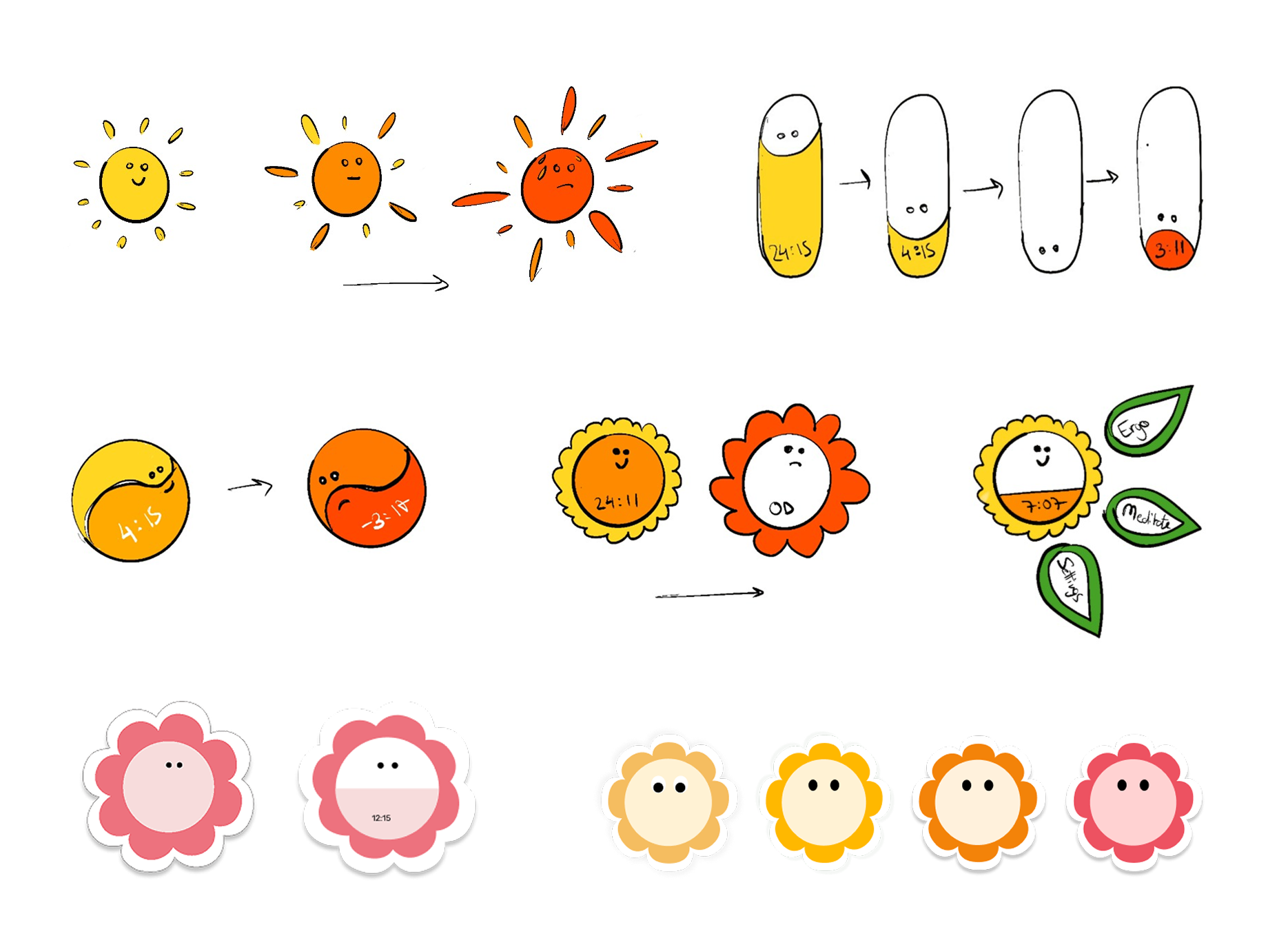 Sketches and iterations exploring different flower mascot directions before landing on the final shape
